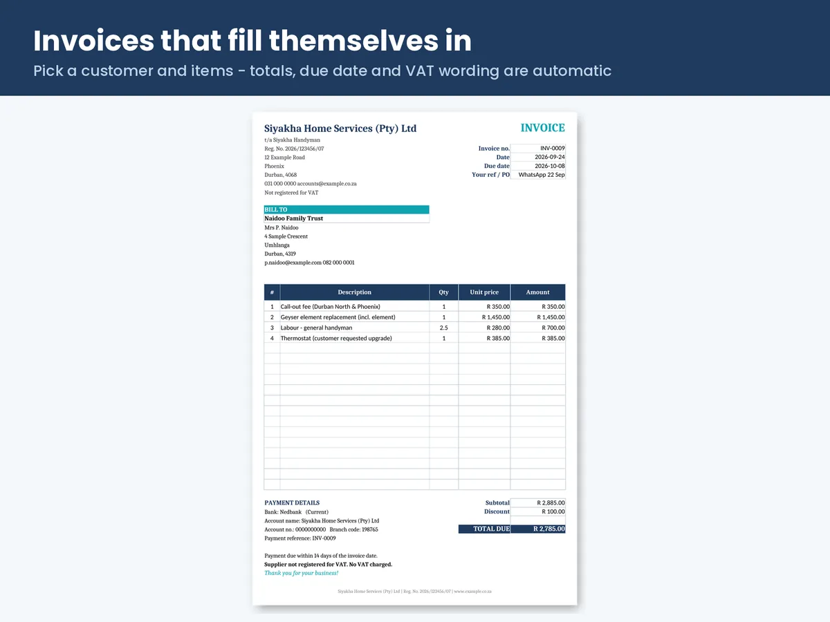 Invoice sheet with non-VAT wording and payment details